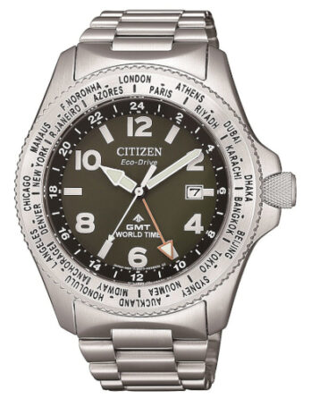 citizen BJ7100-82x orologio GMT eco drive quadrante verde bracciale acciaio